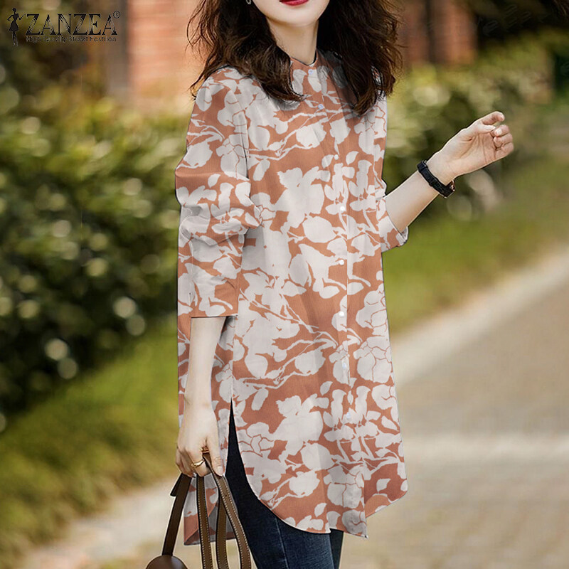ZANZEA Womens Floral Print Vintage Blouse Long Sleeve O Neck Summer Holiday Shirt Tops #7