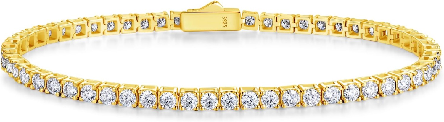 Moissanite Tennis Bracelet Yellow Gold Plated Fine Jewelry D Color VVS1 Round Brilliant Lab-Grown Moissanite Wedding bridal prom Birthday Valentines Gift for Women Girls, Width 3/4/5 mm